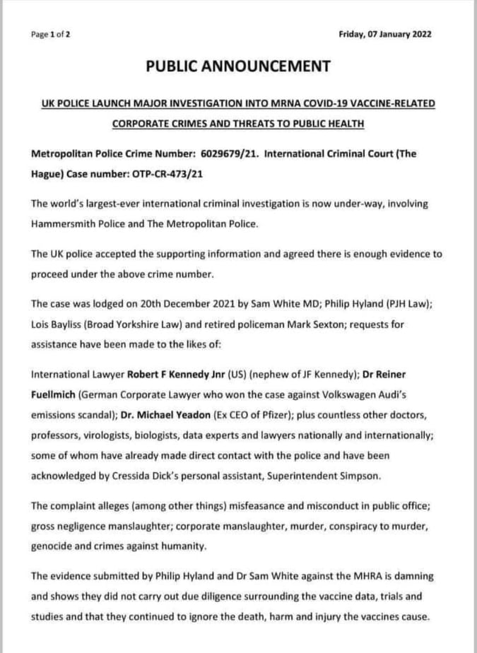 Public Announcement - UK Police Investigation